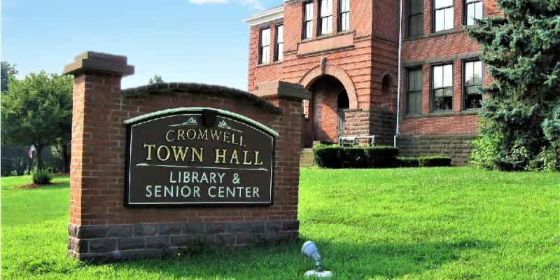 town hall cromwell senior center and library sign